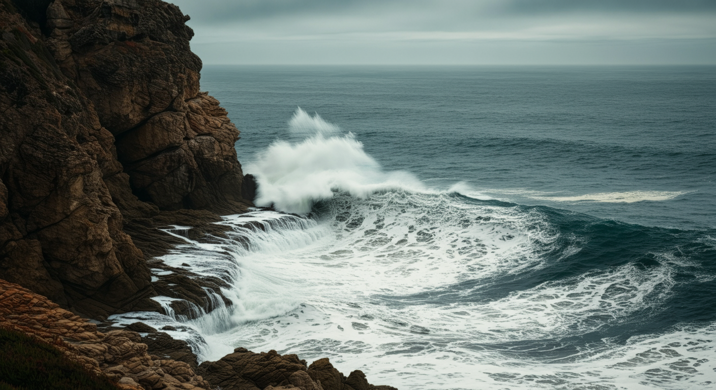Ocean waves breaking against a rocky coastline